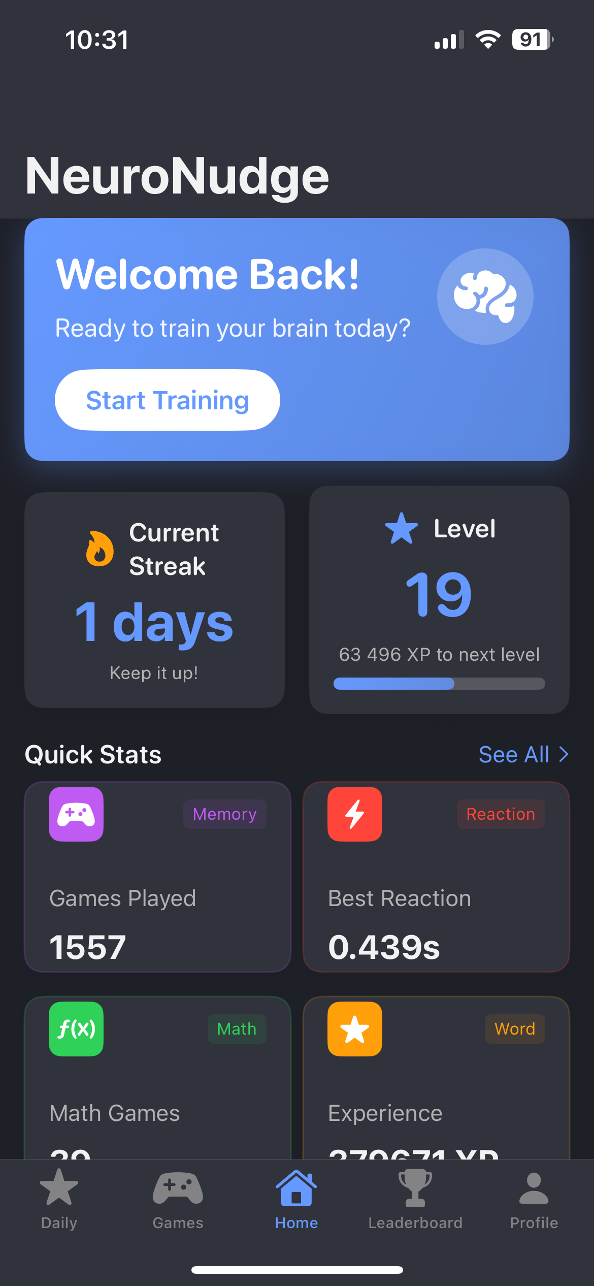 NeuroNudge Home Screen